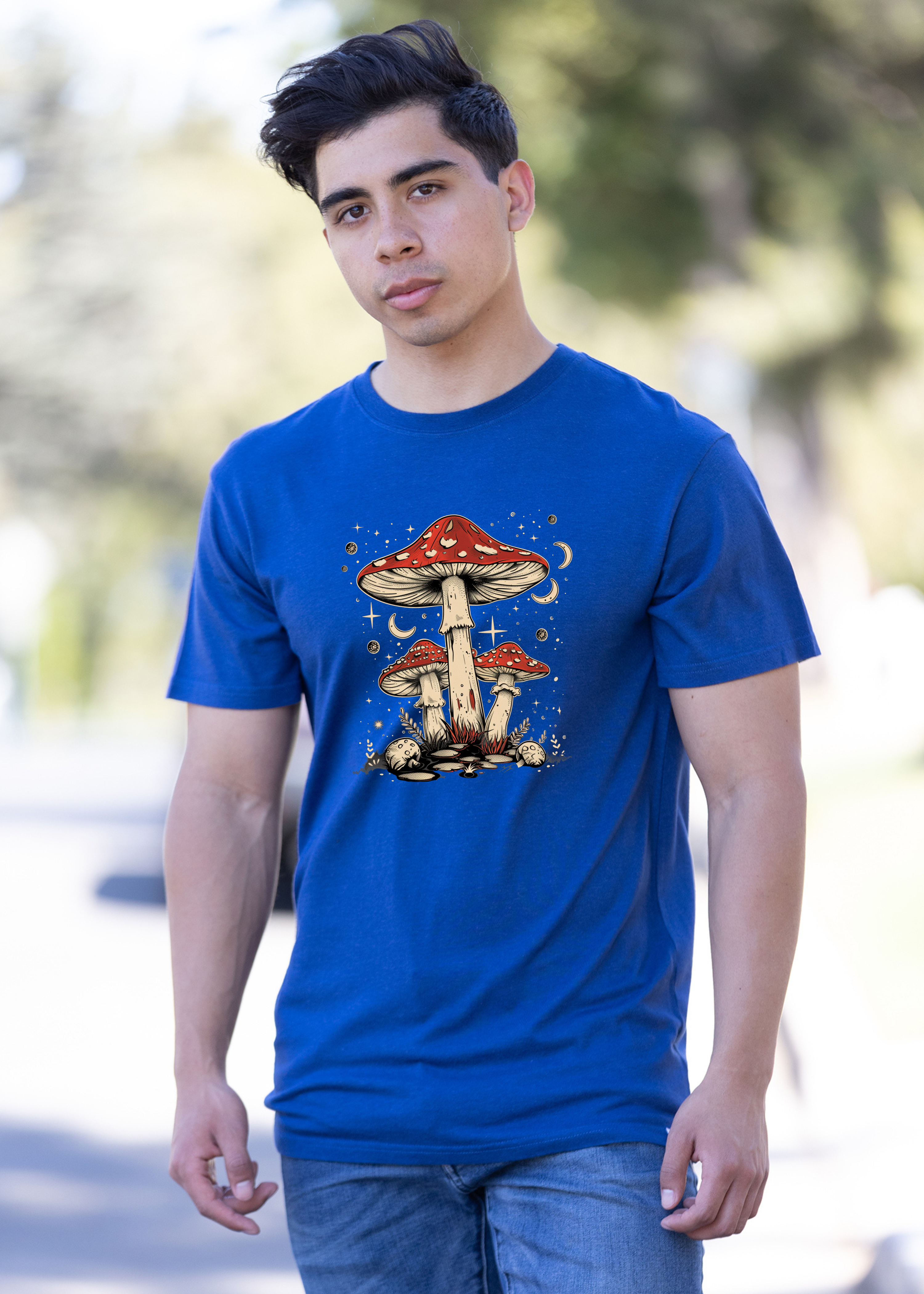 Boho Retro Hippie Mushrooms Natural Unisex Bamboo/Cotton Graphic T-Shirt